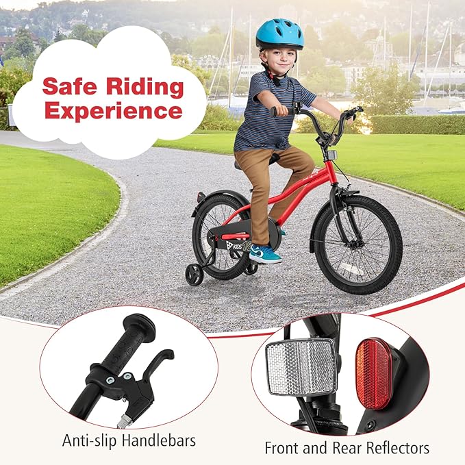 BABY JOY Kids Bike, 12 14 16 18 Inches Sporty Bicycle with Training Wheels, Adjustable Seat, Handbrake & Coaster Brake, Reflectors, Girls Boys Bike for 3-8 Years Old Children