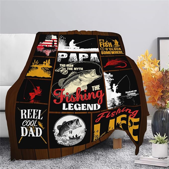 Fish Throw Blanket Fishing Stuff Gifts for Kids Girls Boys Adults Women Men Soft Cozy Warm Plush Fluffy Fuzzy Fleece Blanket Decor 60''X80''