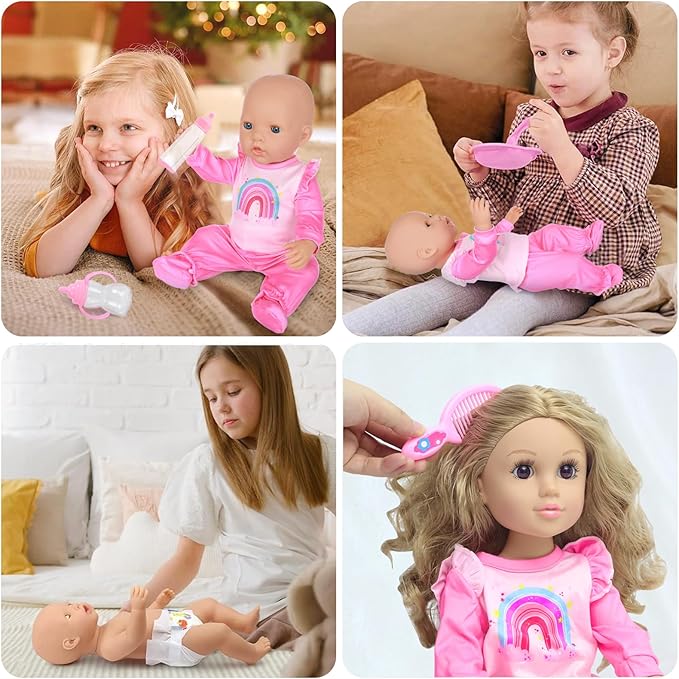 UNICORN ELEMENT 13 Pcs Baby Doll Clothes and Accessories for 14-18 inch Dolls, Baby Doll Feeding and Caring Set with Baby Doll Diaper Bag, Clothes, Diapers, Bottles, Pacifier, Best Gift for Kids