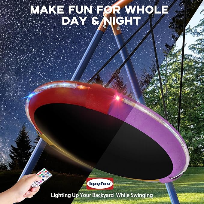 5-in-1 Kids Swing Sets for Backyard with Trampoline, 880lbs Heavy-Duty A-Frame Stand Metal Outdoor with 32 inch Saucer & Belt Swing, 55 inch Trampoline, Basketball Hoop, Led Light & Anchors