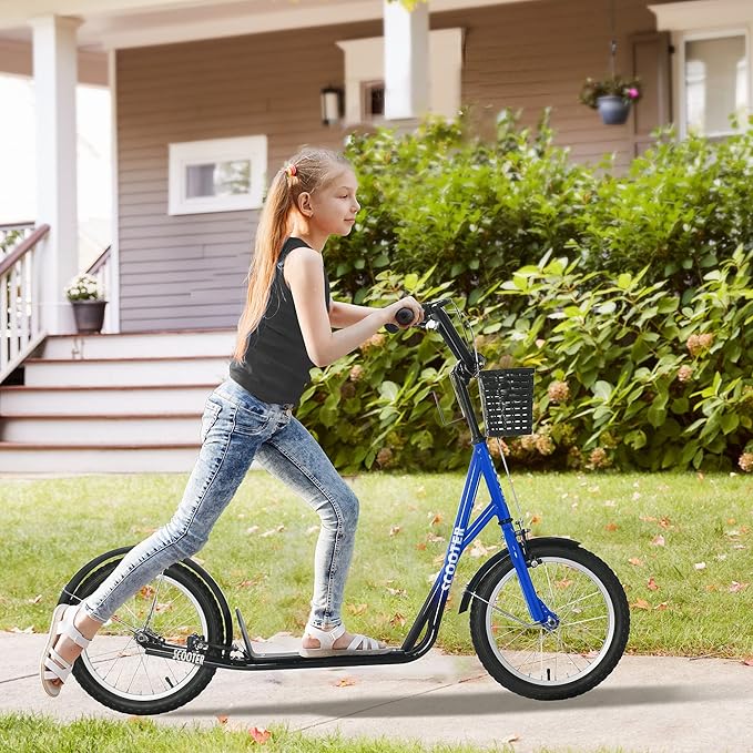 Aosom Youth Scooter, Kick Scooter with Adjustable Handlebars, Double Brakes, 16" Inflatable Rubber Tires, Basket, Cupholder