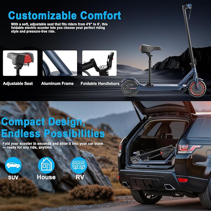 Electric Scooter, Folding E Scooter for Adults with Seat, 350W Motor, 8.5" Tire, 19MPH, 21Mile Long Range Lightweight Teens Commuting Sit Down Escooter with App, Bluetooth, Dual Brake (Seat Optional)