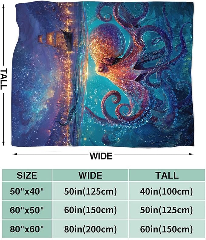 Octopus Blanket Gifts for Women, Ocean Nautical Fleece Blanket Gifts for Boys Girls, Warm Cozy Soft Flannel Throw Stuff for Bed Sofa Couch 60" x 50"