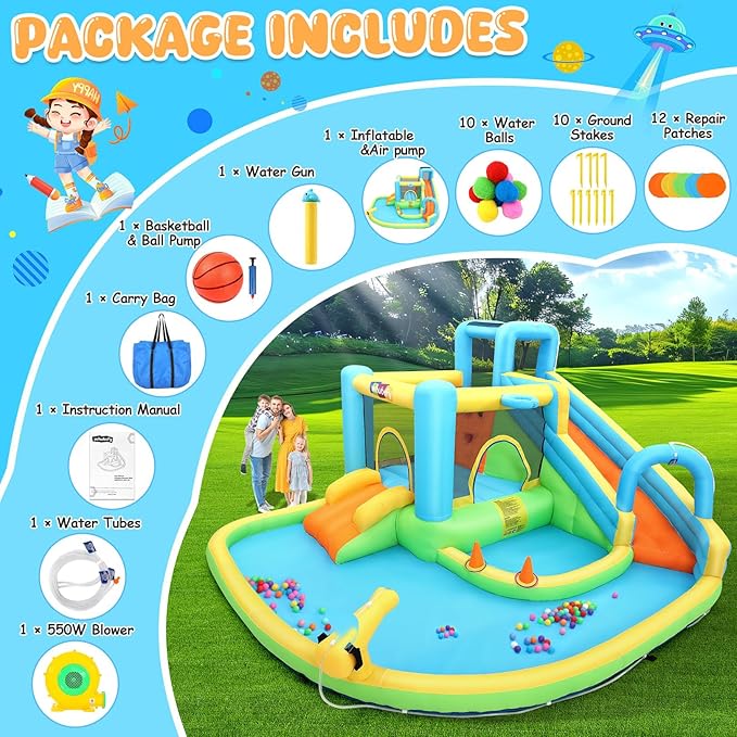 AKEYDIY Kids Bounce House with Long Slide,Ball Pit,Climbing Wall, Large Water Park W/GFCI Blower,Adventure Slide Park Inflatable Water Park for Kids Indoor Backyard