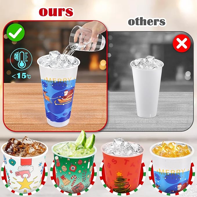 Christmas Color Changing Cups with Lids, Straws & Cute Straw Caps, 24oz PP Reusable Tumblers for Cold Drinks, 4 Pack Holiday Gift for Kids, Teens & Adults
