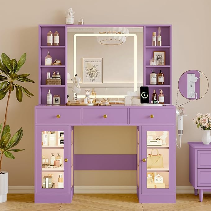 Makeup Vanity Desk with Mirror and Lights, 43" Purple Vanity with Glass Top, Jewelry Storage, 3 Drawers & Glass Cabinets, Power Outlet & Adjustable LED Lights, Dressing Table for Women & Girls Bedroom