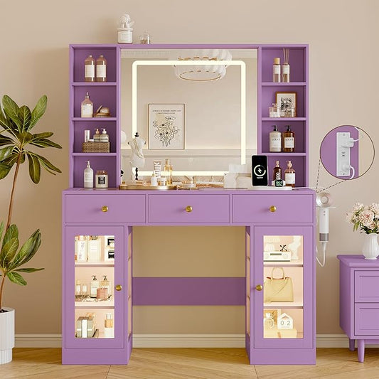 Makeup Vanity Desk with Mirror and Lights, 43" Purple Vanity with Glass Top, Jewelry Storage, 3 Drawers & Glass Cabinets, Power Outlet & Adjustable LED Lights, Dressing Table for Women & Girls Bedroom