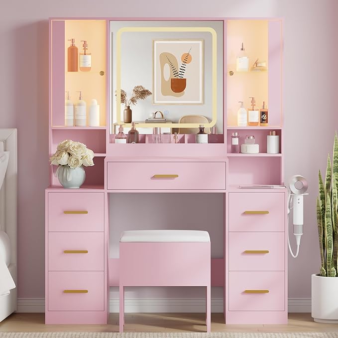 43'' Makeup Vanity with Mirror and Lights, Pink Vanity Desk with 7 Drawers & Charging Station, 3 Lighting Modes & Adjustable Brightness, Cushioned Stool, Dressing Table for Girls, Women, Teens