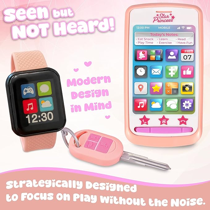 Play Purse for Little Girls - Pretend Play Toy Set for Kids Including Handbag, Makeup, Phone, Wallet, Smartwatch, Passport, Credit Cards, Keys - Birthday Gift Ideas for Girls Age 3 4 5 6 7+