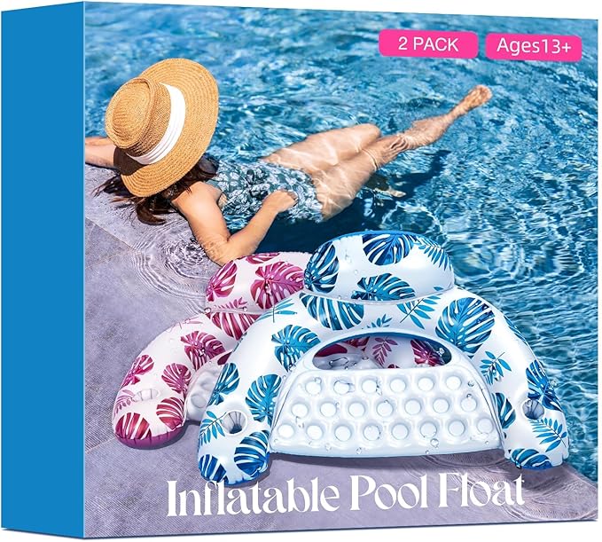 [2025 New Upgraded] Pool Floats for Adult -Floating Lounge Chairs,Inflatable Pool Floats with Cup Holders 2 Repair Patch Suit for Swimming Pools, Beach, Pool Toys,Backyard Party,Lakes（2 Packs
