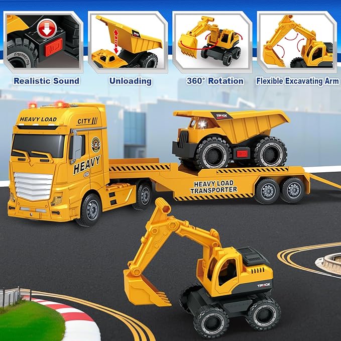 SpringFlower 3 4 5 6 Toddler Boy Toys, 25" Construction Carrier Toy with Excavator and Dump Truck,3 in 1 Truck, Christmas Birthday Gifts for Kids 3 4 5 6 Years Old