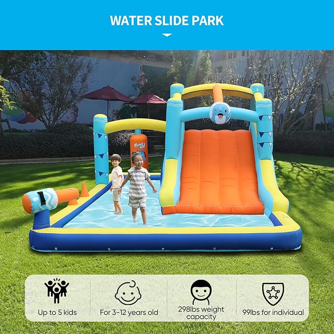 TABU Bounce House with Slide, Inflatable Castle with Splash Pool Water Cannons, Outdoor/Indoor Bouncy House with Air Blower, Ball Pit, Boxing, Climbing Wall, for Kids Aged 3-12(187.2x112x73.2IN)
