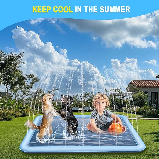 Dog Splash Pad for Kids & Dog, Outdoor Water Toys with Non-Slip Surface, Fun Backyard Water Play Mat, Easy to Install (79 inch, Blue)