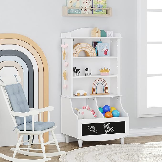 UTEX Wood Open Bookshelf and Toy Storage, Bookcase with Blackboard and Cubbies, Toy Organizer Cabinet, Bookshelves Display Stand for Toddlers, Kids, White
