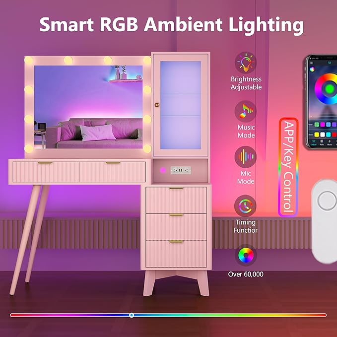 Makeup Vanity Desk with Mirror and Lights, 45" Fluted Wood Vanity Desk with Glass Top, 5 Drawers & RGB Glass Cabinet, Power Outlet, Mid Century Modern Dressing Table Set for Women Girls Bedroom