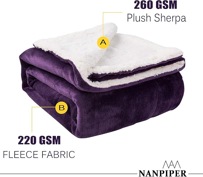 NANPiper Sherpa Blanket - Twin Size Thick Velvet Plush Reversible Bed Blanket for Winter - Purple (60"x80")