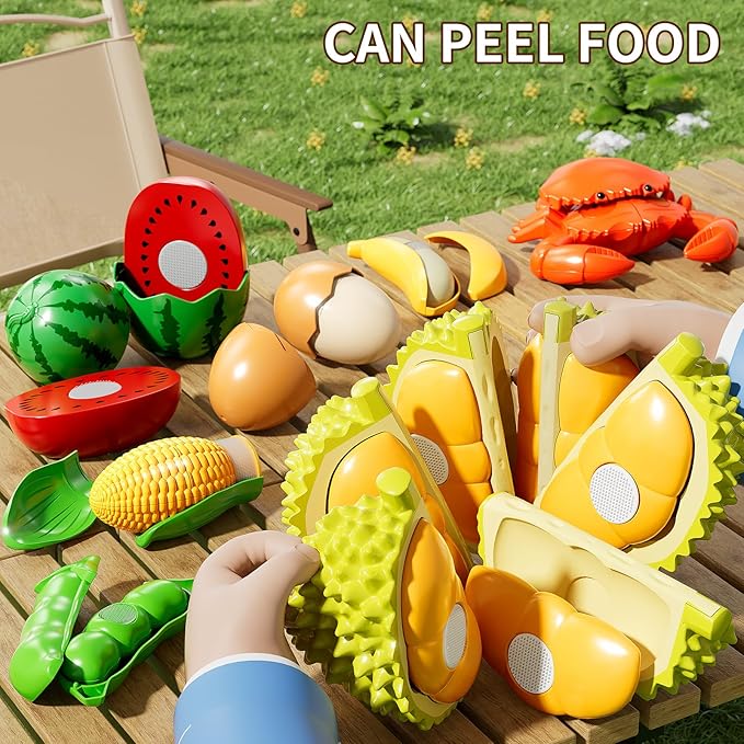 Play Food Set for Kids, Toddler Learning Toys, Cutting Food Toy Color Sorting Set, Pretend Food Play Kitchen Accessories for Kids, Birthday Gifts for 3-8 Years old Boys Girls Educational Toys