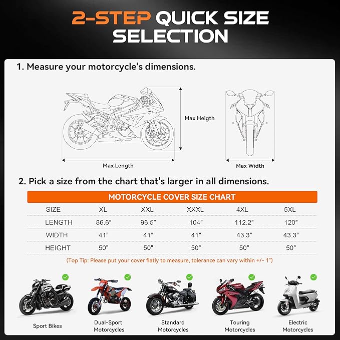 Motorcycle Cover Waterproof Outdoor, 300D Heavy Duty, UV & Rain Resistant, Windproof with 3 Buckles, Fits Most Motorcycles, Cruisers, Sportbikes, Dirt Bikes, Scooters up to 96.5" - XXL Size