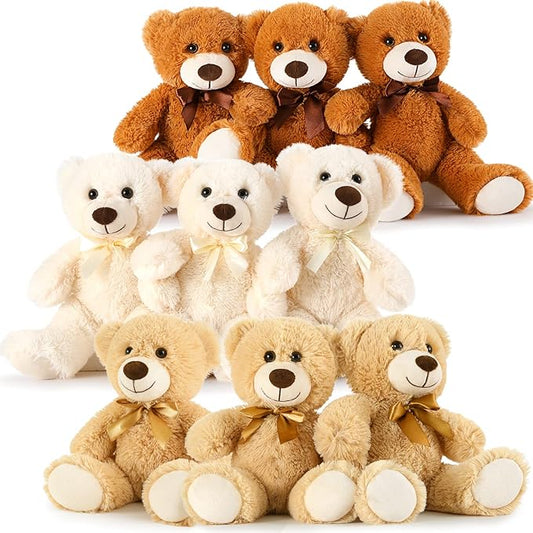 MaoGoLan Bulk Teddy Bears, 9 Packs Bulk Stuffed Animals, Small 13.8 Inch Plush Teddy Bear Toys Gift for Boys Girls Birthday Party (White/Brown/Dark Brown)