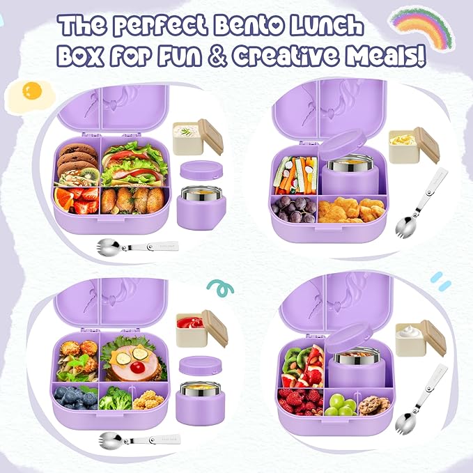 Kids Lunch Box Set -12oz Insulated Food Jar, Thermal Bag,Leakproof Lunch Food Containers Cutlery (BPA Free)-Gift for Girls/Boys Age 3-10(Purple+Purple Jar)