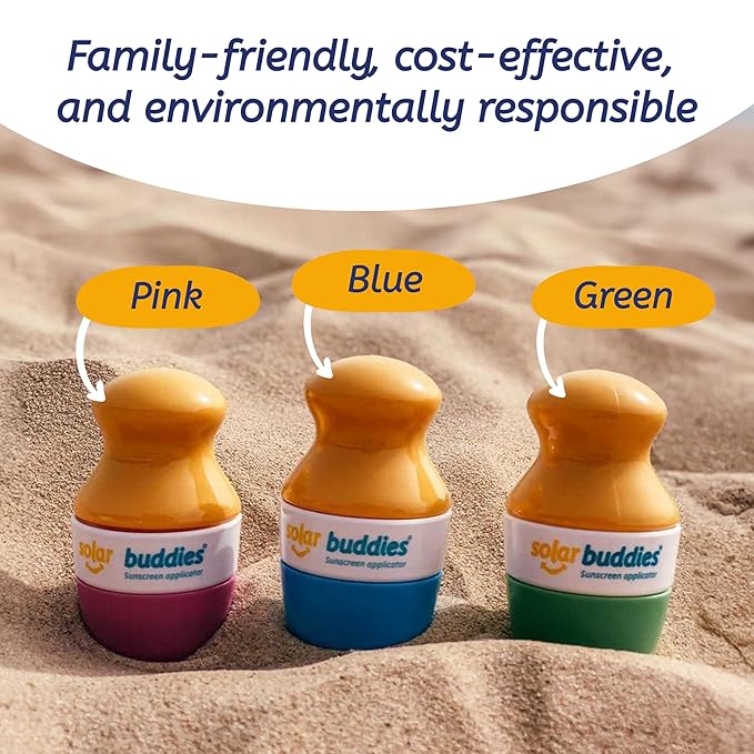 Solar Buddies Sunscreen Applicator - Blue & Green Duo - BPA-Free Refillable Roll on Sponge Sunscreen, Suncream & Lotion Applicator For Kids, Adults & Families - Holds 3.4fl oz, Perfect Size for Travel