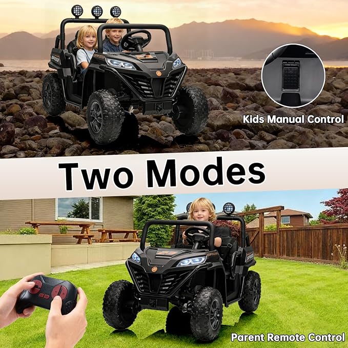 24V Side by Side Ride On Truck, Battery Powered Electric Vehicle with Remote Control, 4x100W Powerful Motor, 2 Seater Kids Car with Bluetooth, Black
