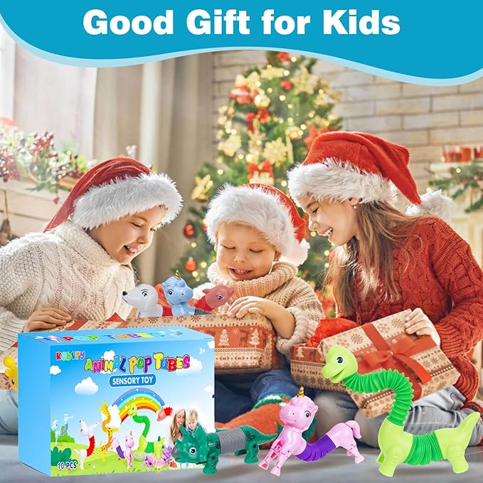 Animal Pop Tubes Fidget Toys 10PCS, Sensory Toys for Autism & Stress Relief, Travel Toys for Car and Airplane, Christmas Stocking Stuffers for Kids & Toddlers