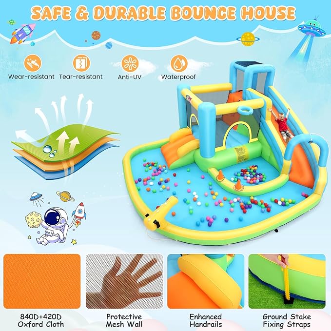 AKEYDIY Kids Bounce House with Long Slide,Ball Pit,Climbing Wall, Large Water Park W/GFCI Blower,Adventure Slide Park Inflatable Water Park for Kids Indoor Backyard