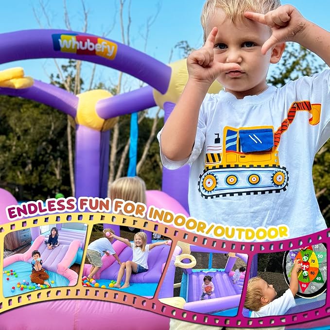 Inflatable Bounce House for Kids 3-6 with Water Slide Ball Pit Pool & 50 Ocean Balls, 5 in 1 Bouncy Castle w/ 6 Sticky Ball Dart Board Game, Basketball Hoop, Storage Bag & Blower Indoor Outdoor Party