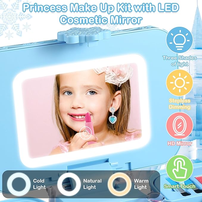 57 in 1 Kids Makeup Kit With 3-Color LED Mirror, Real Washable, Perfect Girl Birthday Gift, Age 3+
