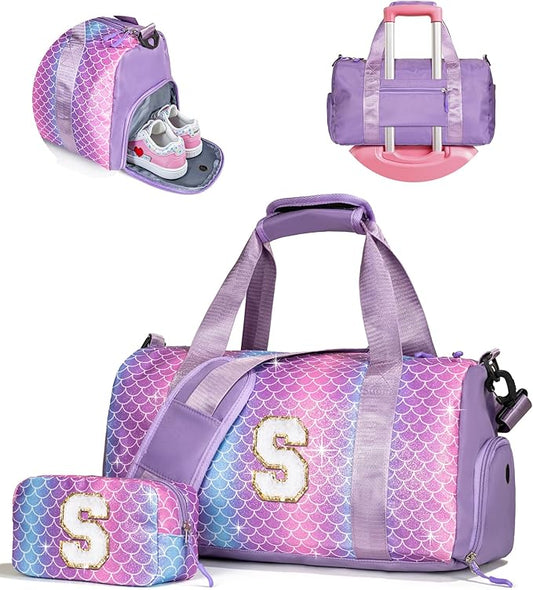 Travel Stuff for Kids-Girl Gym Bag with Shoe Compartment, Kid Weekender Dance Bags, Initial Travel Tote with Makeup Pouch, Gift for 3 4 5 6 7 8 9 10 11 12 Year Old Girls (Letter S)