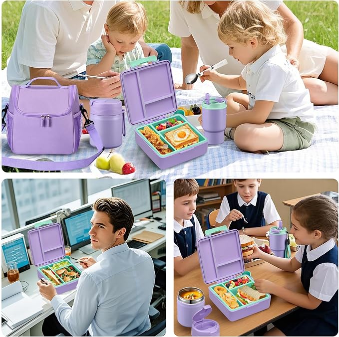 Bento Lunch Box for Kids with 17oz Soup Thermo,Insulated Tumbler Water Bottle and Insulated Lunch Bag,Leak-Proof 3 Compartment Lunch Food Container with Ice Pack for Kids to School-Purple