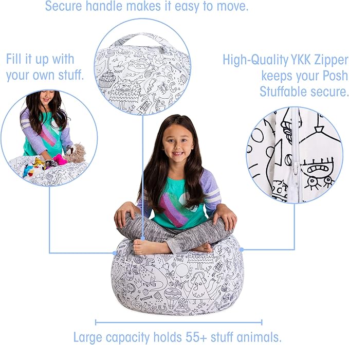 Posh Stuffable Kids Stuffed Animal Storage Bean Bag Chair Cover - Childrens Toy Organizer, Medium 27" - Fun Coloring Fabric