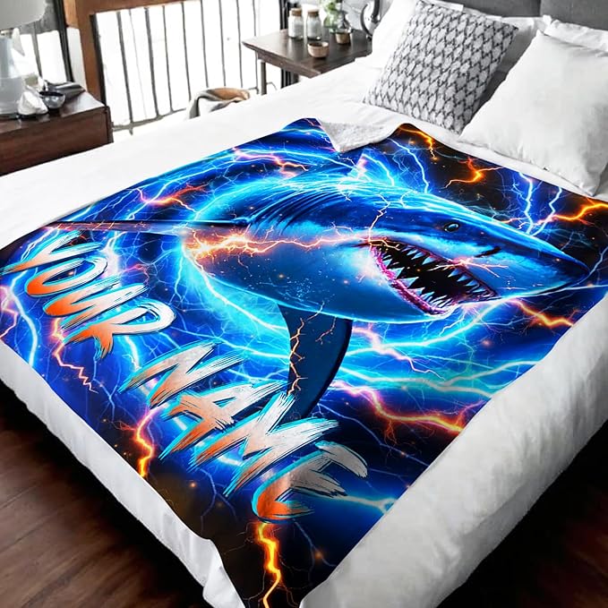 Shark Blanket for Boys, Personalized Throw Blankets for Kids Son 30x40 Inches Small Lightweight Soft Custom Throw for Sofa Chair Bed Office Trip Cool Shark Decor Stuff