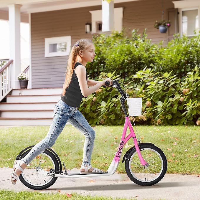 Aosom Youth Scooter, Kick Scooter with Adjustable Handlebars, Double Brakes, 16" Inflatable Rubber Tires, Basket, Cupholder