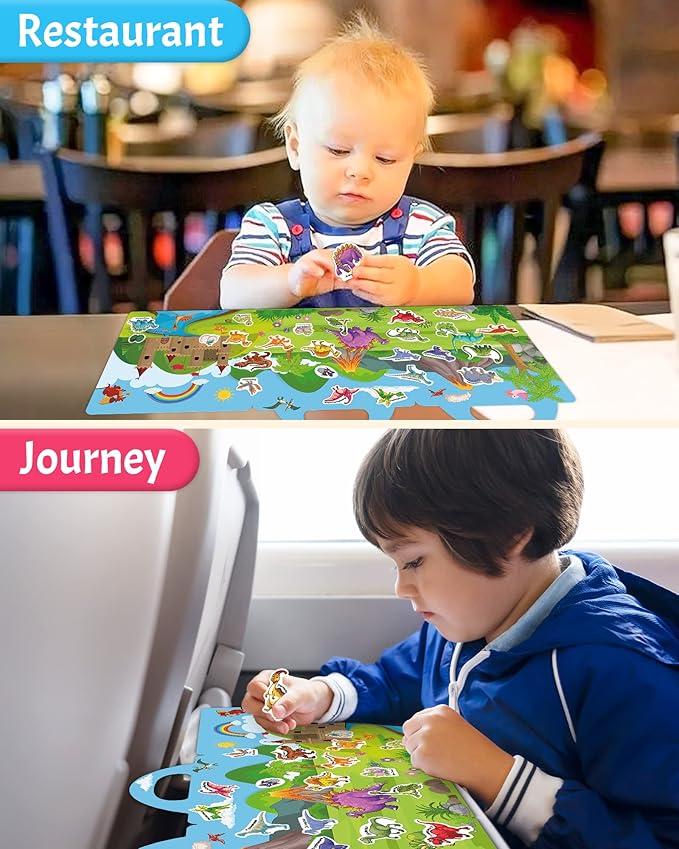 Benresive Reusable Sticker Book for Toddlers 2-4 Years, Fun Travel Stickers for Kids, Waterproof Sticker Books for Toddlers 1-3, Crafts Activities for Toddler 1-3 2-4 3-5 - Dinosaurs