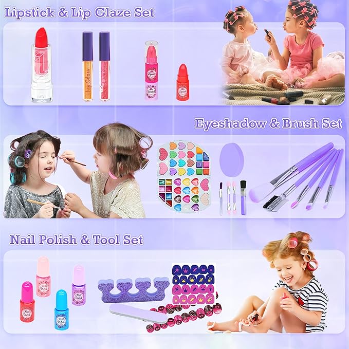 Kids Washable Makeup Girls Toys - Real Non Toxic Makeup Kit for Little Girls, Kid Make up Set for Toddlers Children Princess Birthday Gifts Toy for 3 4 5 6 7 8 9 10 11 12 Year Old Girls (Violet)