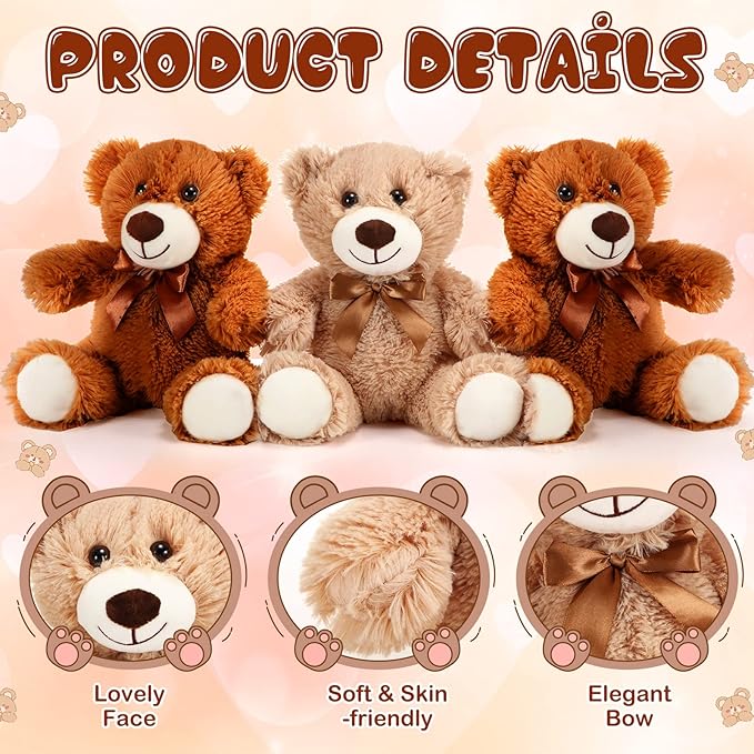 Skylety 10 Pcs Bears Bulk Stuffed Animal Plush Toys 10-14 Inches Birthday Party Favors(Brown, Khaki)