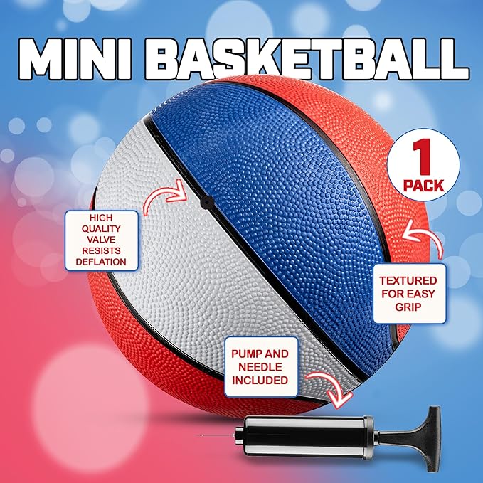 Rubber Mini Basketball - 7 Inch, Size 3 - Mini Hoop Outdoor Kids Basketball Set for Small Hoops Indoor & Outdoor Pool Parties - Kid Birthday Gifts, Arcade Games, Red White & Blue (1-Pack)