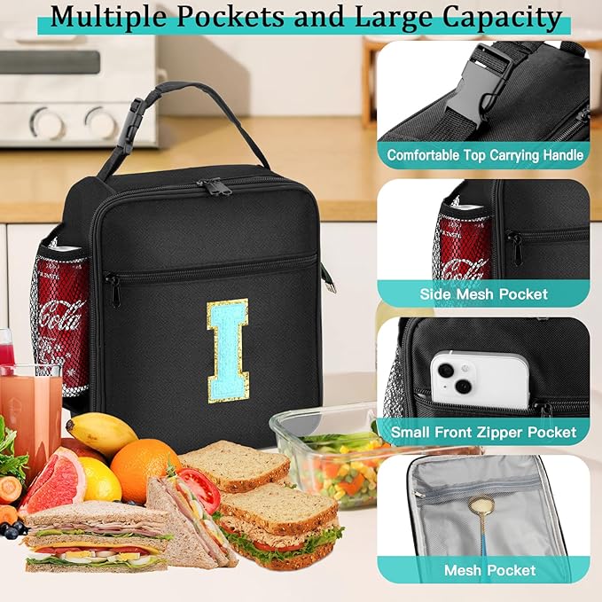 Initial Insulated Lunch Bag, Lunch Box with Initial Letter Patch for Teen Adult, Reusable Lunch Bag for Men Women, Ideal Back to School Gift Birthday Gift, Blue I