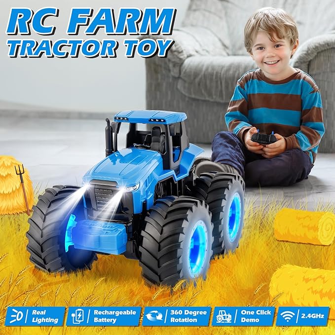 Remote Control Monster Tractor Toy for 3, 4, 5, 6, 7 years old, Blue Light Up Monster Trucks Toy with LED Lights Toddlers RC Farm Vehicle Toys for Boys ＆ Girls Ideal Christmas, Birthday Gifts for Kids