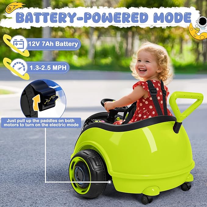 ANPABO 3-in-1 Electric Push Ride On Car, 12V Kids Ride On Toy w/Remote Control, 360° Spin, 5-Point Safety Belt, Colorful LED Light, Music Player, Push Car for Toddler Ages 1-3 (Green)