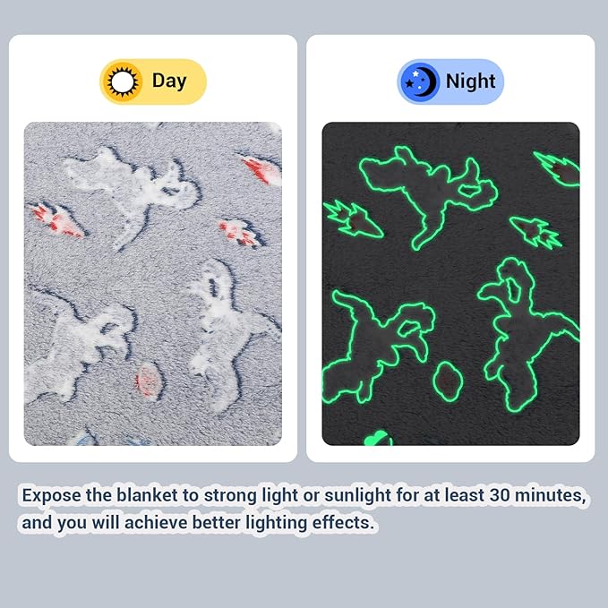 Viviland Kids Throw Blanket Glow in The Dark, Dinosaur Toddler Blankets for Boys, Soft Warm Lightweight Plush Throw Blanket Fleece for Sofa Chair Couch Bed Gift for Kids, 50" x 60"