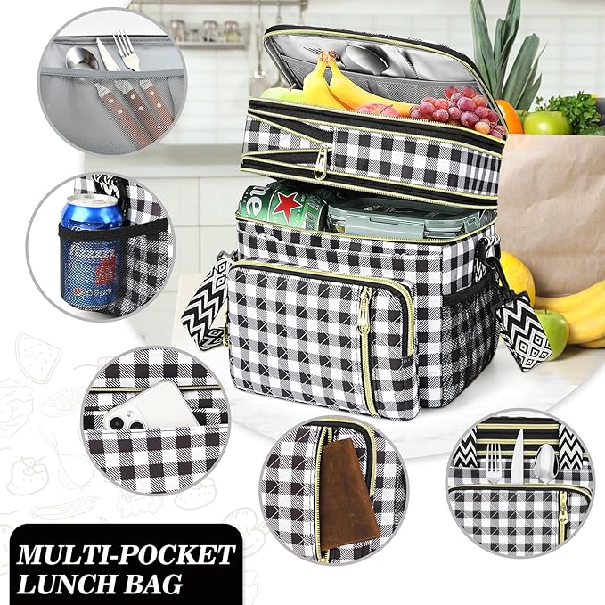LOKASS Lunch Box for Women-16L-Insulated Lunch Bag Women, Expandable Double-layer Leakproof Cooler Bag with Upgrade Adjustable Shoulder Strap Ideal for Work/Travel/Picnics（Black&White Check）
