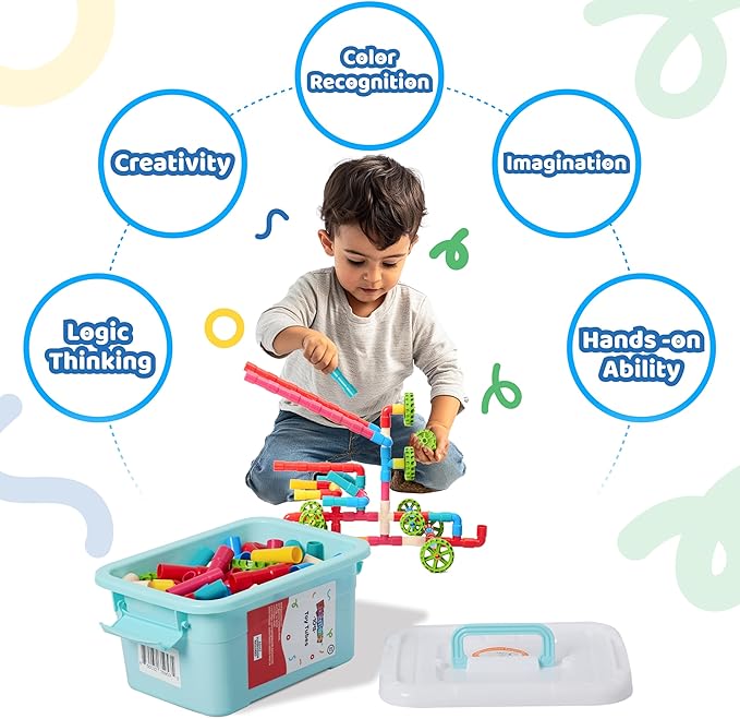 144 PCS STEM Pipe Building Blocks - Colorful Tube Construction Set for Kids Age 3+, Sensory Educational Learning Toys for Boys & Girls, Creative Engineering Building Kit for Preschool & Toddlers