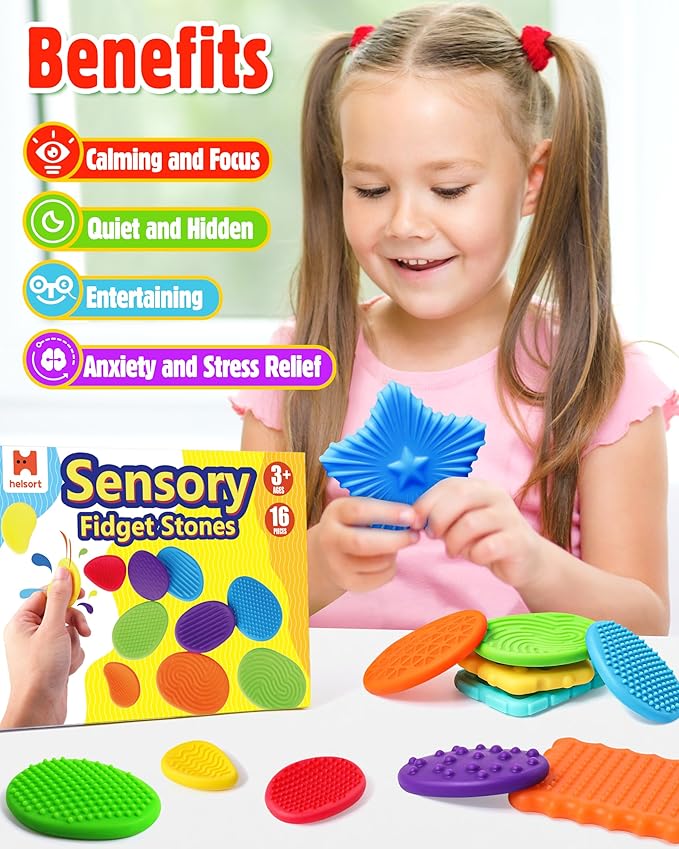 Sensory Fidget Toys for Kids Adults: 16 Pack Textured Silicone Worry Stones for Anxiety Relief, Sensory Stress Toy for Autism Kids Calming, Quiet Small Fidgets for Classroom Stocking Stuffers