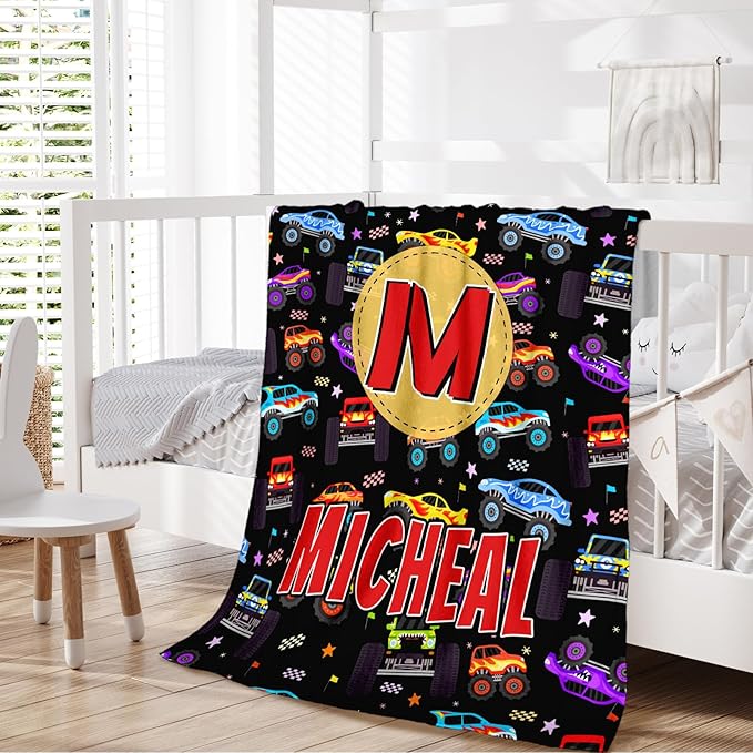 Boys Blankets, Personalized Truck Blanket with Initial Monogram for Kids Toddlers, Cute Car Throws Blanket Gift, Soft Cozy Flannel Throw for Sofa Bed Couch Decor
