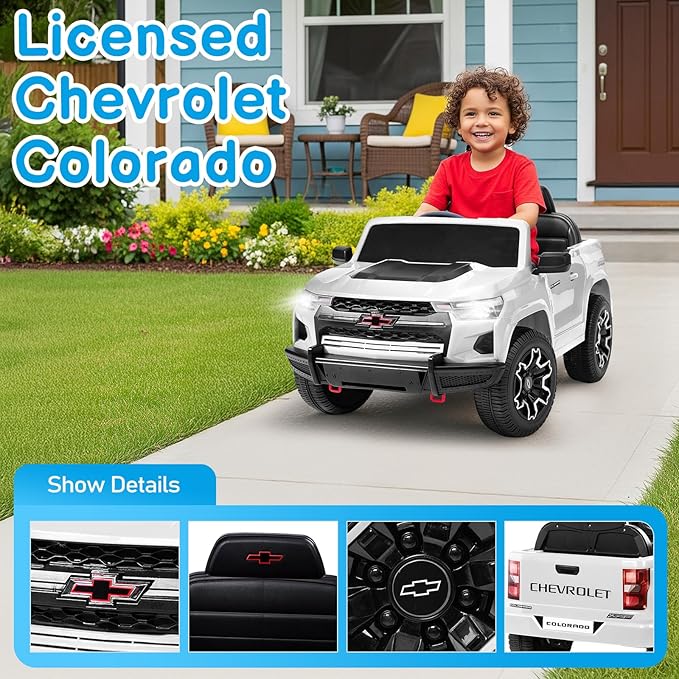Winado Licensed Chevrolet Colorado Electric Car for Kids, 12V Ride on Toys for Toddlers with Remote Control, Battery Powered Electric Car Ride On Vehicle w/Bluetooth, Soft Start, LED Lights - White