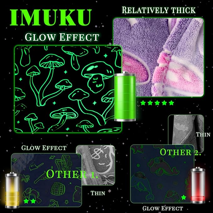 Twin Size Mushroom Blanket Glow in The Dark - Soft Fuzzy Purple Fleece Throw Cottagecore Bedding for Women Teens, Couch Sofa Home Decor 60x80inches