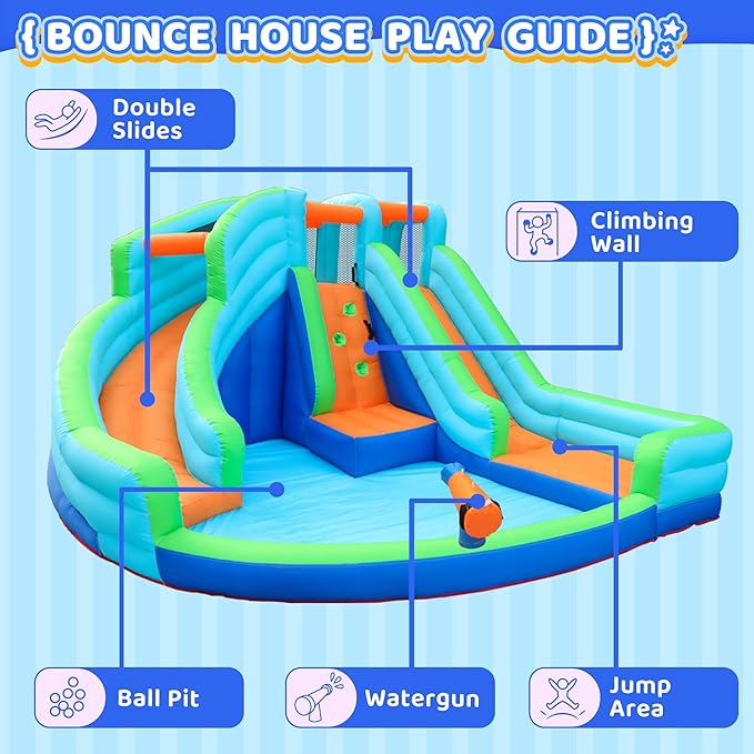 Waterslide Bounce House,Kids Water Park with Ball Pit for Wet and Dry,Inflatable Bouncy Castle with Blower for Summer Party